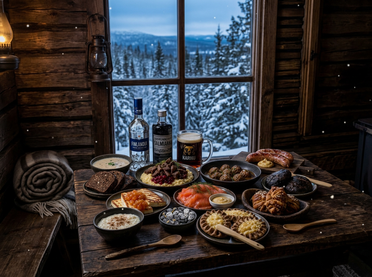Finnish lunch feast: Finlandia vodka, Koskenkorva Salmiakki, Karhu beer, reindeer with mashed potato and lingonberries, meatballs, cured salmon, grilled sausages, Karelian pies, bread cheese with cloudberry jam, and salmiakki on a dark wood table