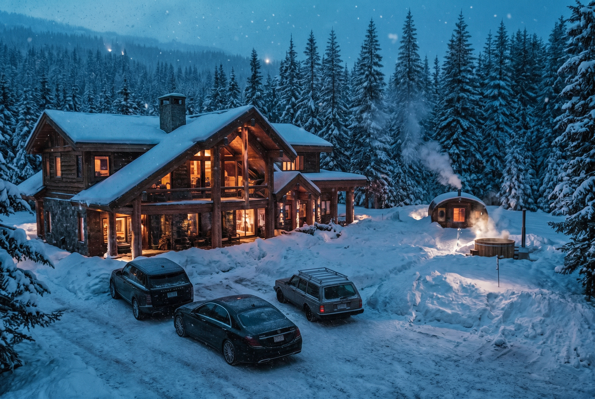 Luxury wood cottage in Whistler BC at dusk with snow falling, a Range Rover, Volvo wagon and dark green Mercedes S580 parked outside