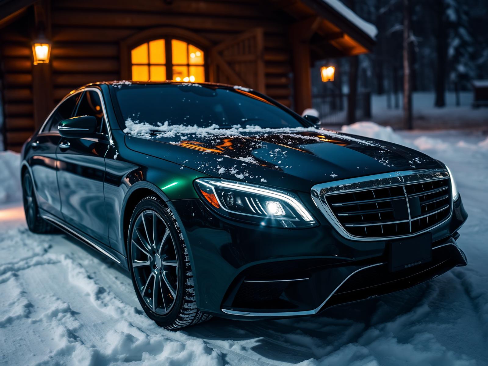 Dark green Mercedes S580 dusted with snow outside a wood cabin at night