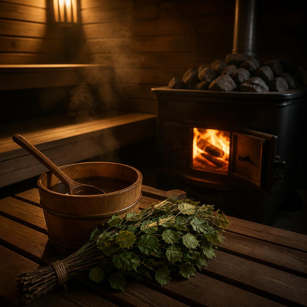 Interior of a wood-fired Finnish sauna with cedar benches and a glowing stove
